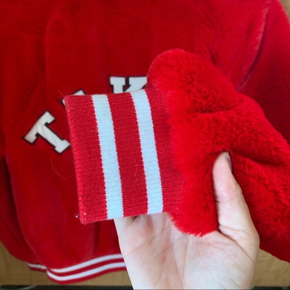 Bright Red Taken Faux Fur Varsity Jacket - Picture 3 of 12